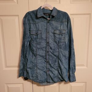 Coastal blue demin style men's long sleeve button up shirt
